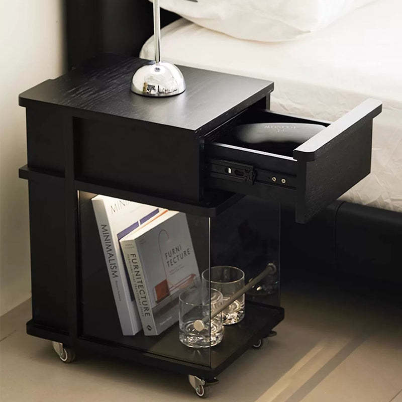 Minimalist Solid Wood Glass Square Nightstand 1-Cabinet