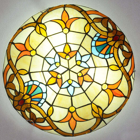 European Tiffany Baroque Round Stained Glass Flush Light