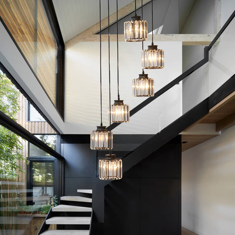 Modern cylindrical prismatic chandeliers in crystal — Matte Black / 6-Light / 220V-240V (UK/AU)
