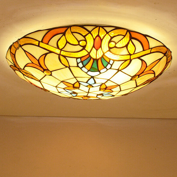 European Tiffany Baroque Round Stained Glass Flush Light