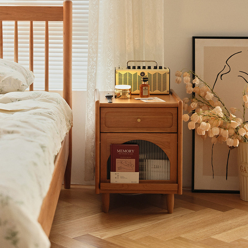Retro Solid Wood Cube 1-Drawer Nightstand