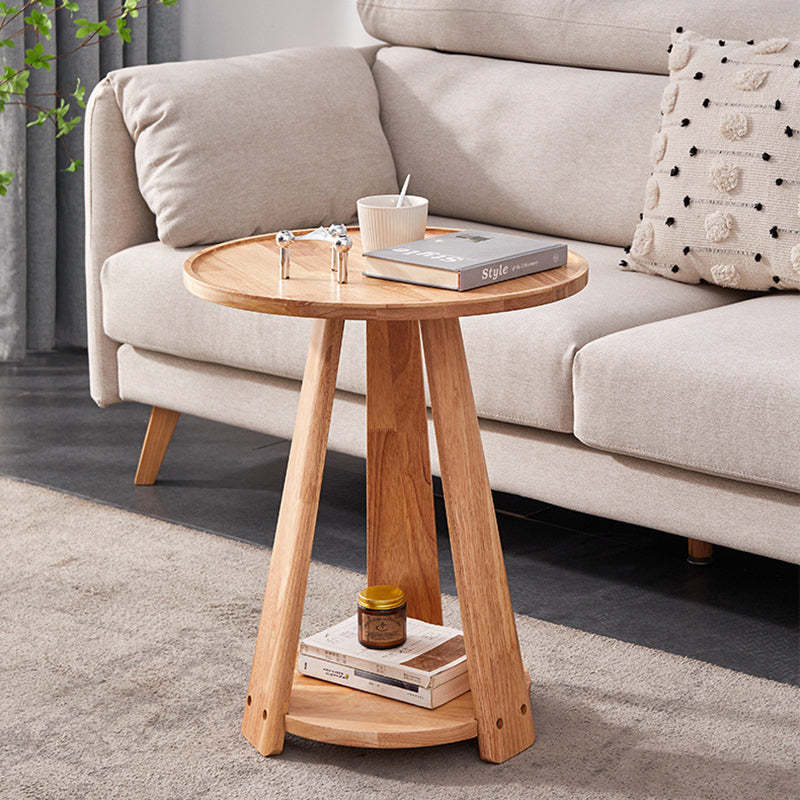 Modern Round Rubberwood 2-Tier End Table — Wood Color