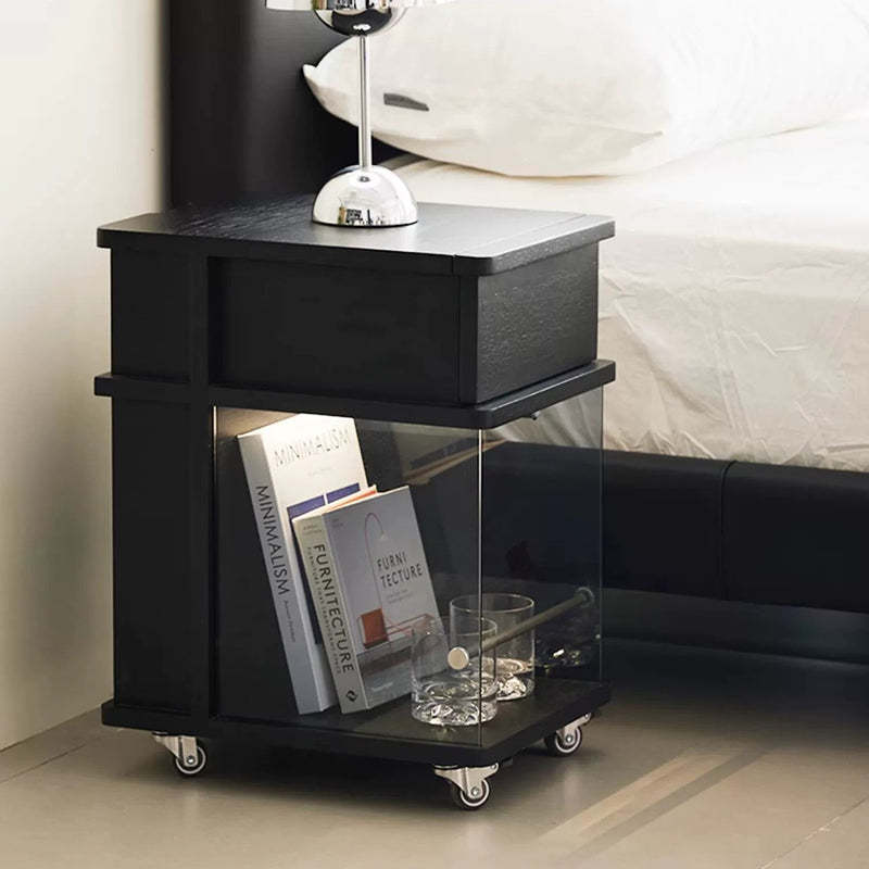Minimalist Solid Wood Glass Square Nightstand 1-Cabinet