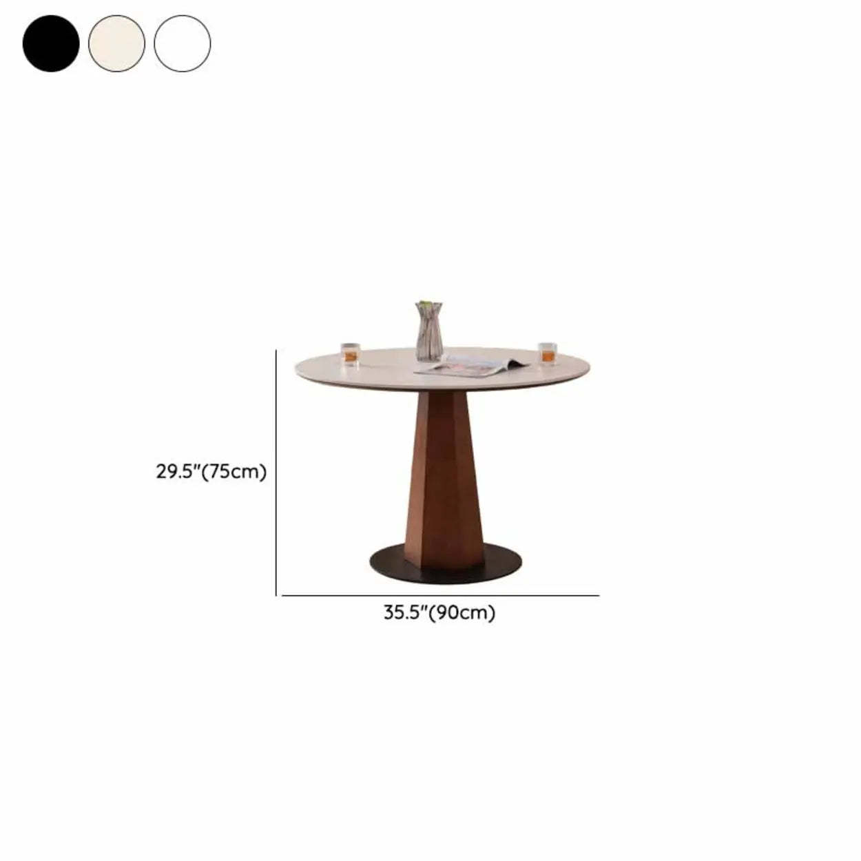 Mid-Century Stone Round Wood Pedestal Dining Table — Beige / Table Only