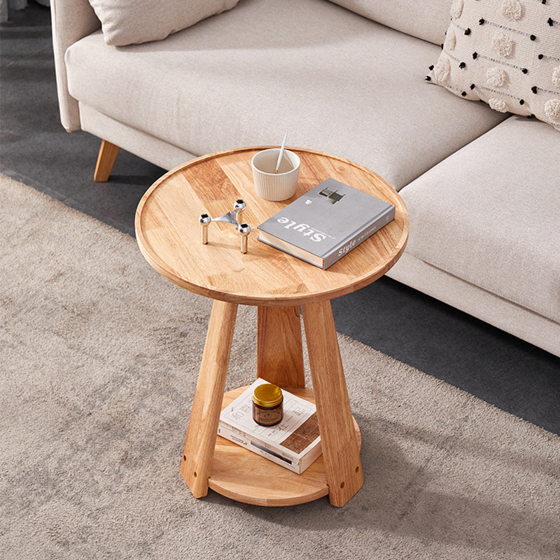 Modern Round Rubberwood 2-Tier End Table — Wood Color