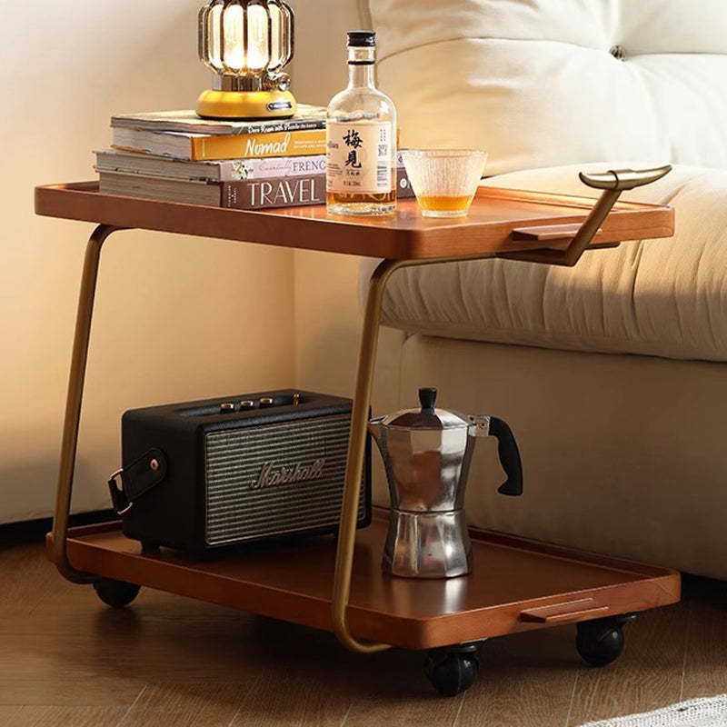 Retro Rubber Wood Stainless Steel Movable Side Table 2-Tier