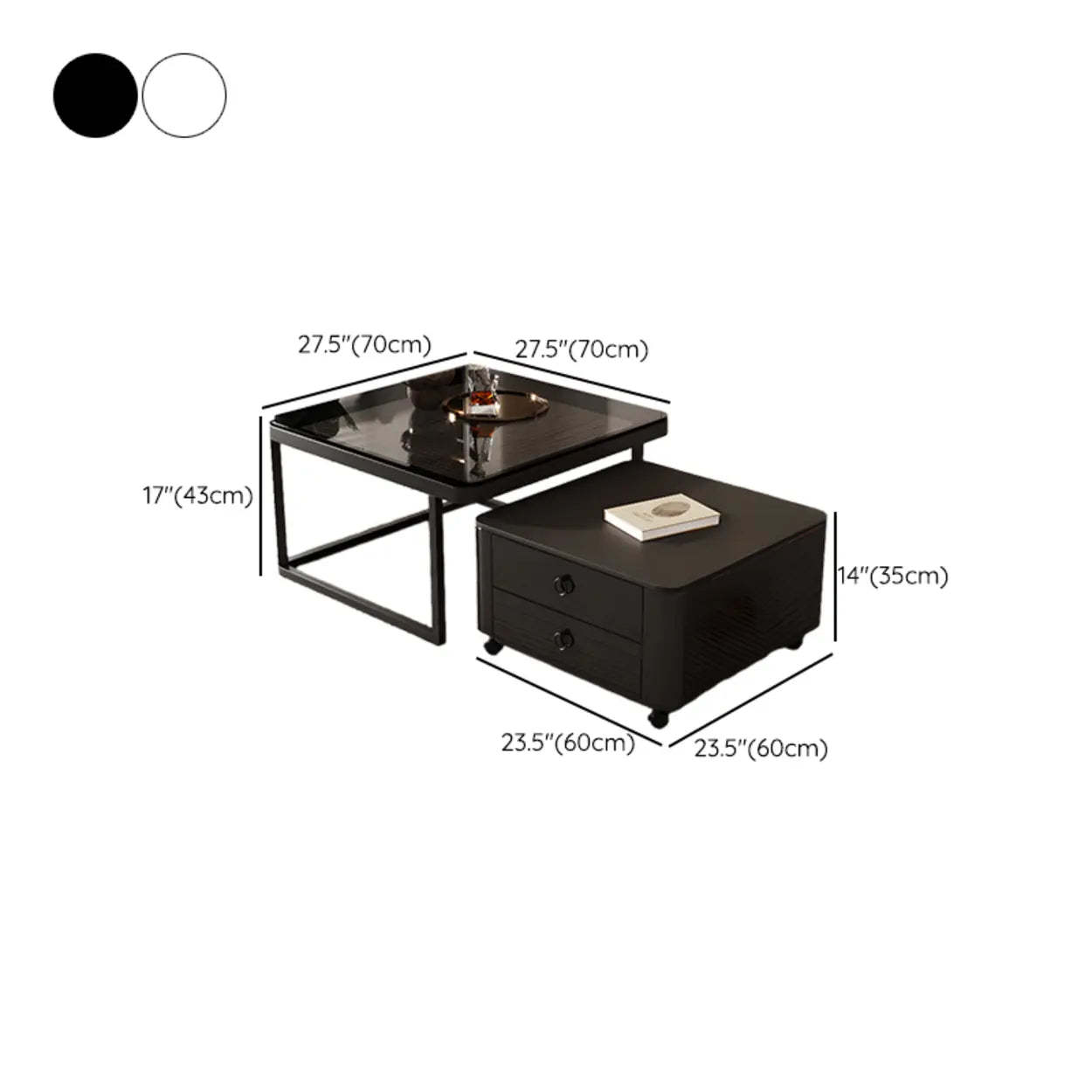 Black Glass Square Nesting Tables with Casters