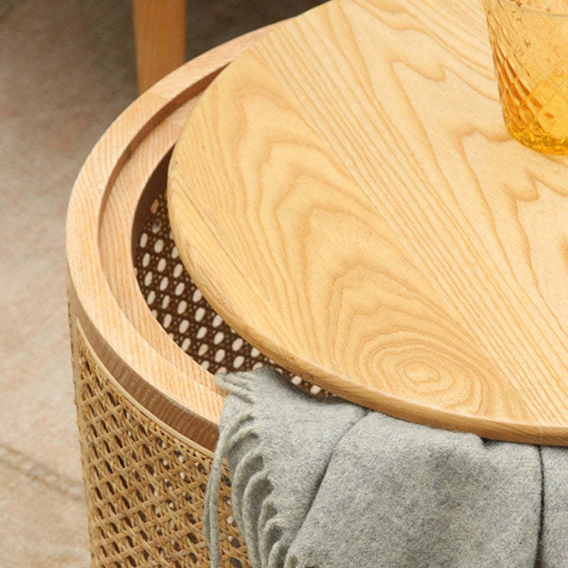 Scandinavian Cylindrical Wood Rattan Coffee Table