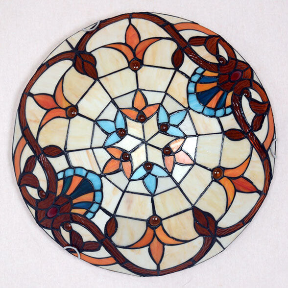 European Tiffany Baroque Round Stained Glass Flush Light