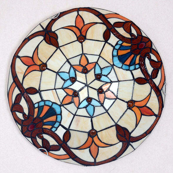 European Tiffany Baroque Round Stained Glass Flush Light