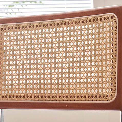 Vintage Rattan Leather Iron Armchair — Walnut Backrest + Black Saddle