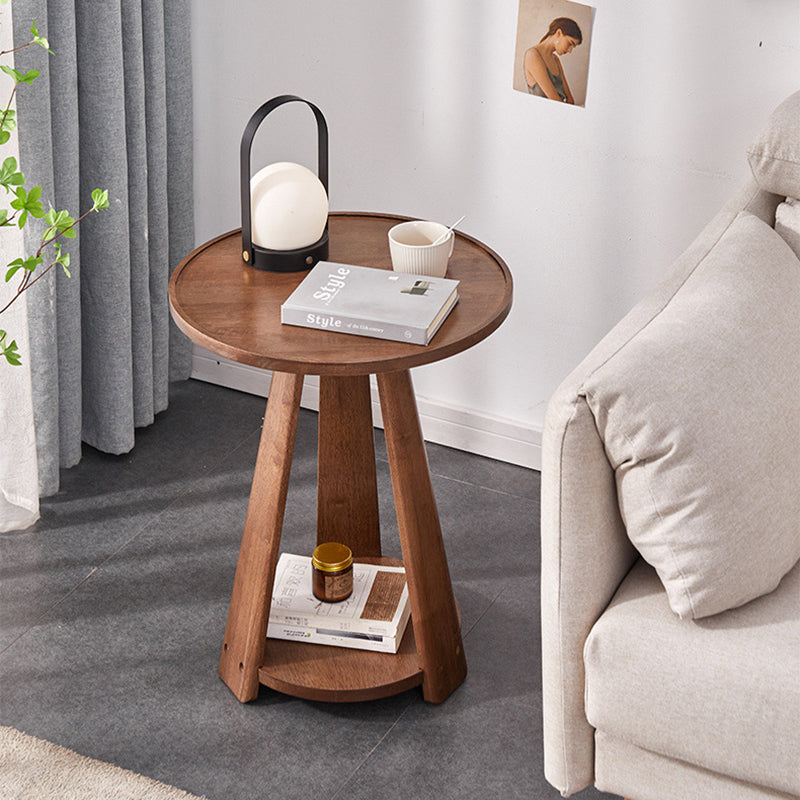 Modern Round Rubberwood 2-Tier End Table — Walnut Color