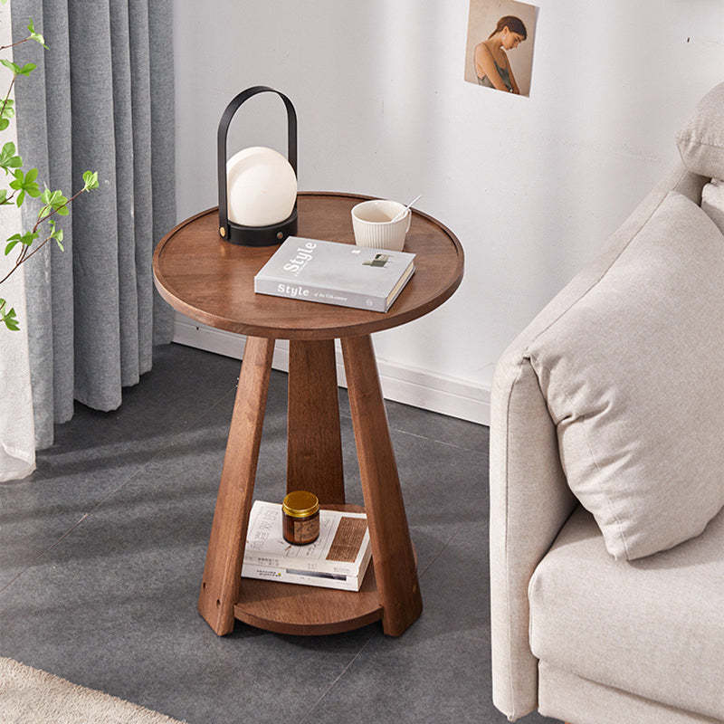 Modern Round Rubberwood 2-Tier End Table — Walnut Color