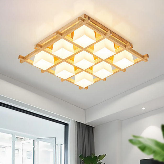 Japanese Wooden Square Flush Ceiling Light — 6 / 110V-120V For US/CA