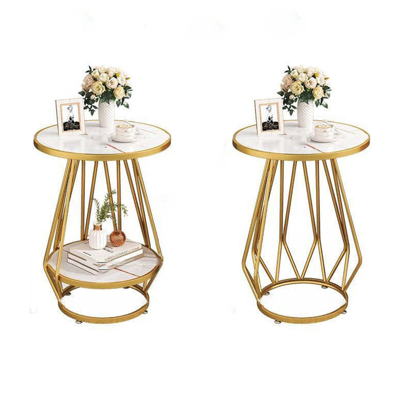 Contemporary Marble Metal Round Side Table 2-Tier Storage