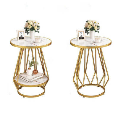 Contemporary Marble Metal Round Side Table 2-Tier Storage