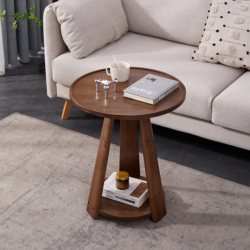 Modern Round Rubberwood 2-Tier End Table — Walnut Color