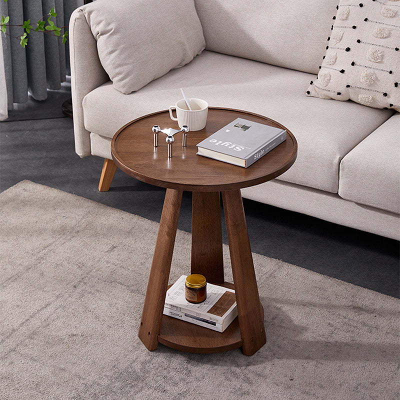 Modern Round Rubberwood 2-Tier End Table — Walnut Color
