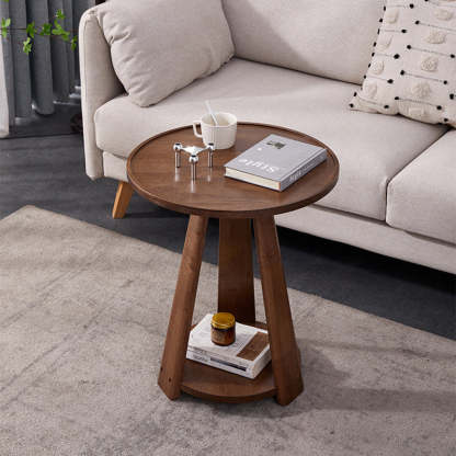 Modern Round Rubberwood 2-Tier End Table — Walnut Color