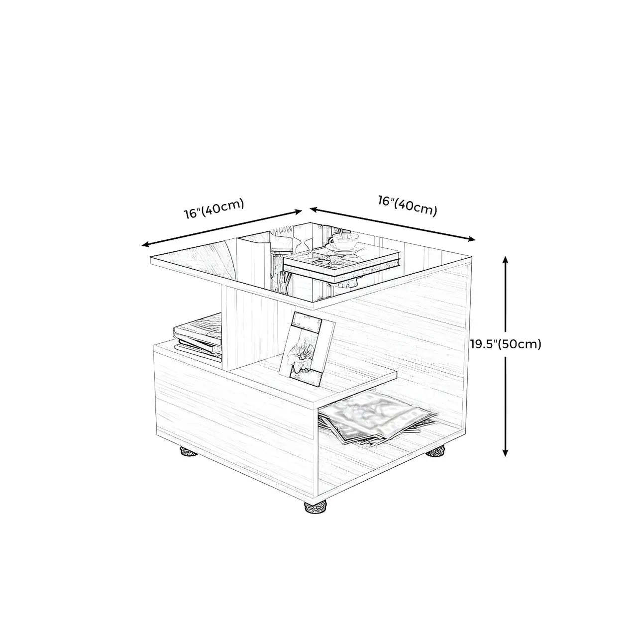 Square Glass White Shelved Side Table — White