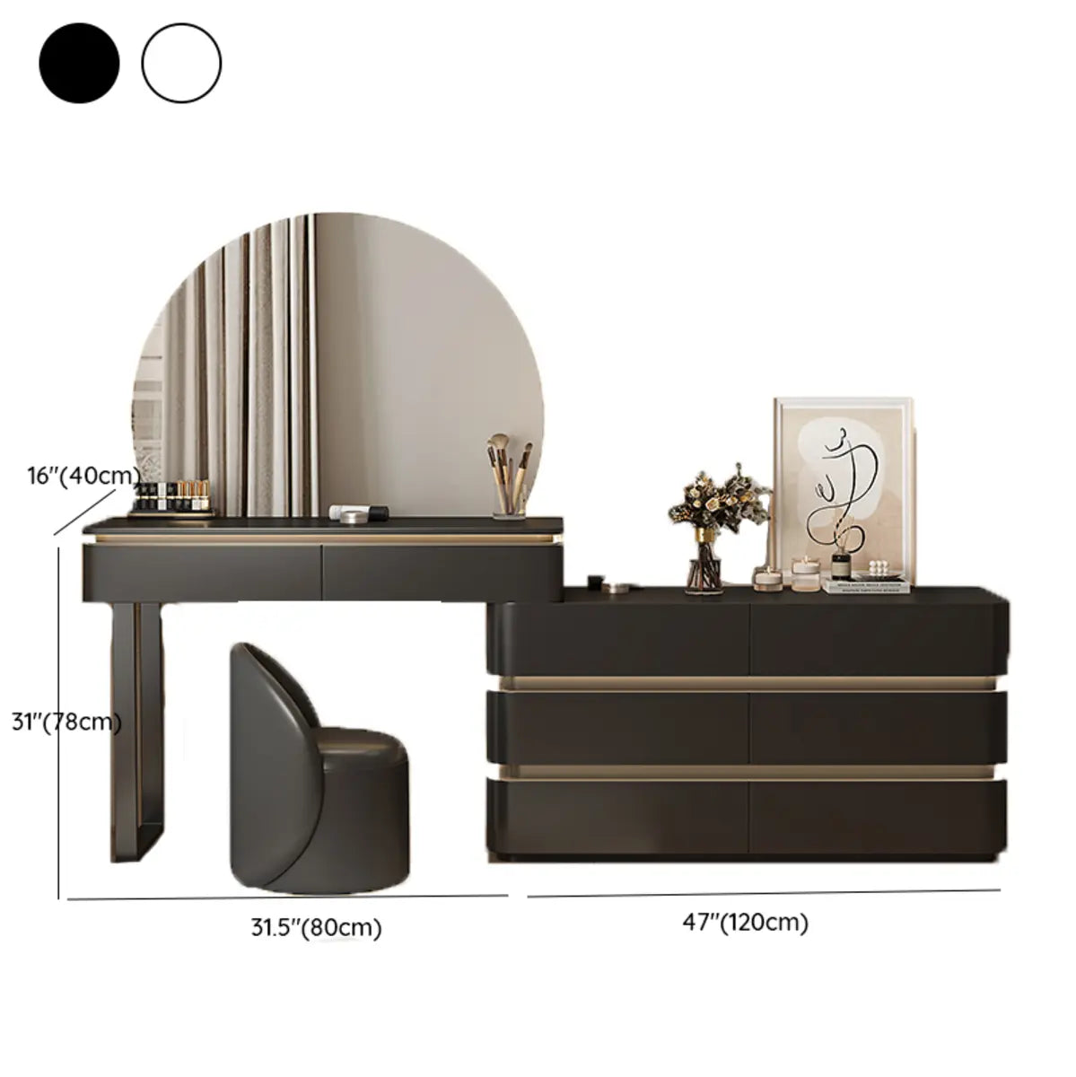 Modern Black Rectangular Wood Semicircle Mirror Vanity — White