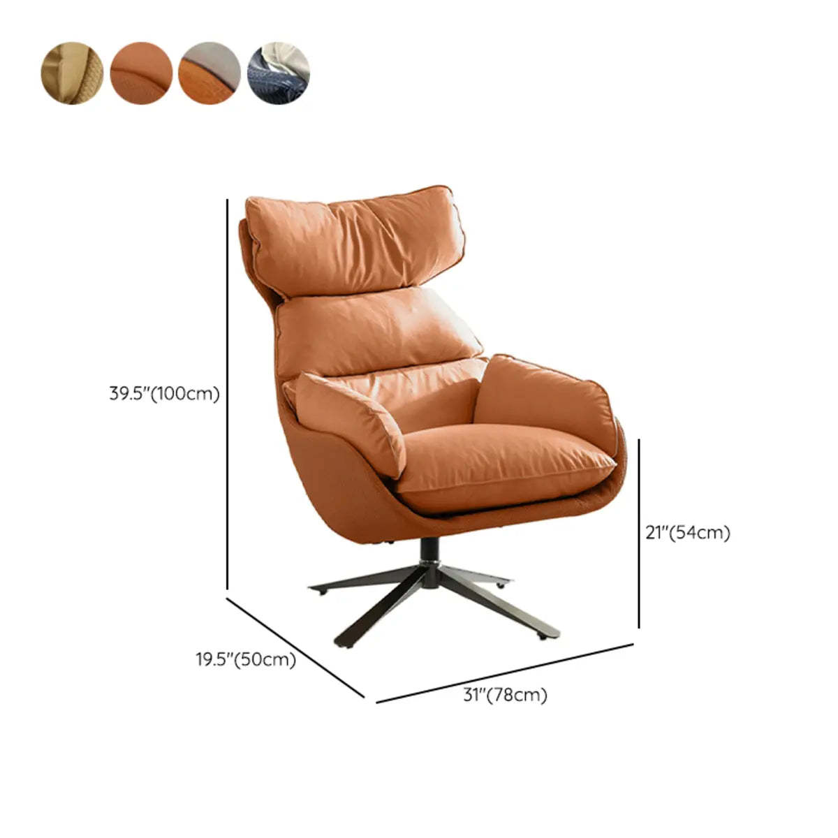 Swivel Orange Leather Recessed-Arm Armchair
