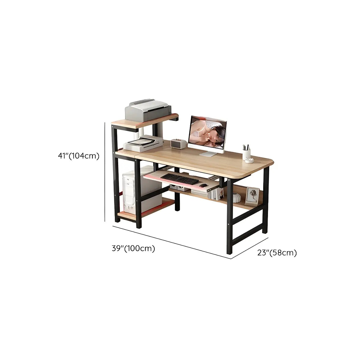 Natural Wood H-Shape Shelving Computer Desk