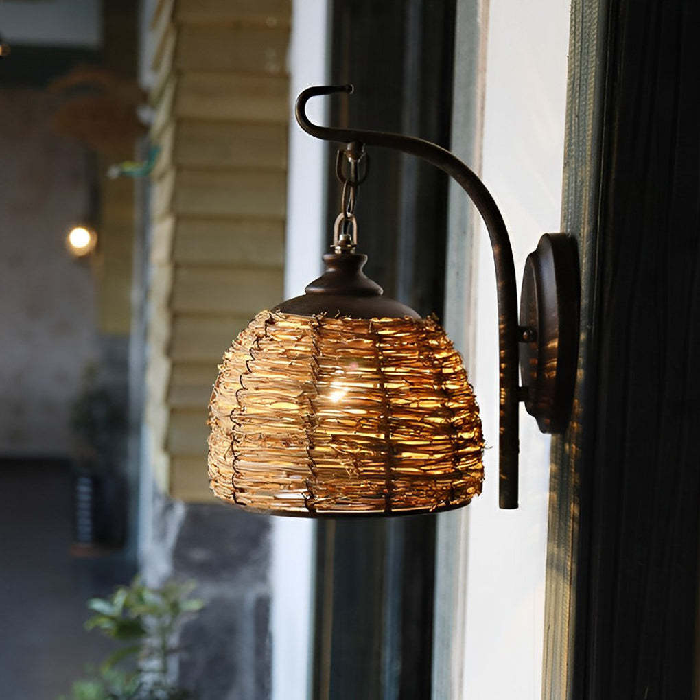 Hand Weaving Rattan Grass Iron Retro Rustic Wall Lamp Wall Light Fixture-Lighom