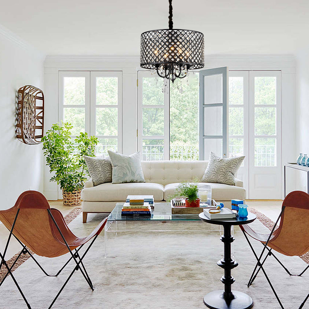 Round Iron Crystal Retro American Pendant Chandelier — Black
