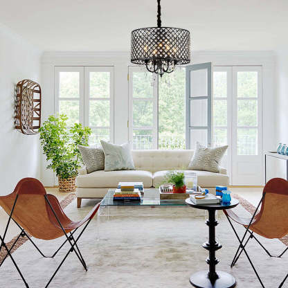 Round Iron Crystal Retro American Pendant Chandelier — Black