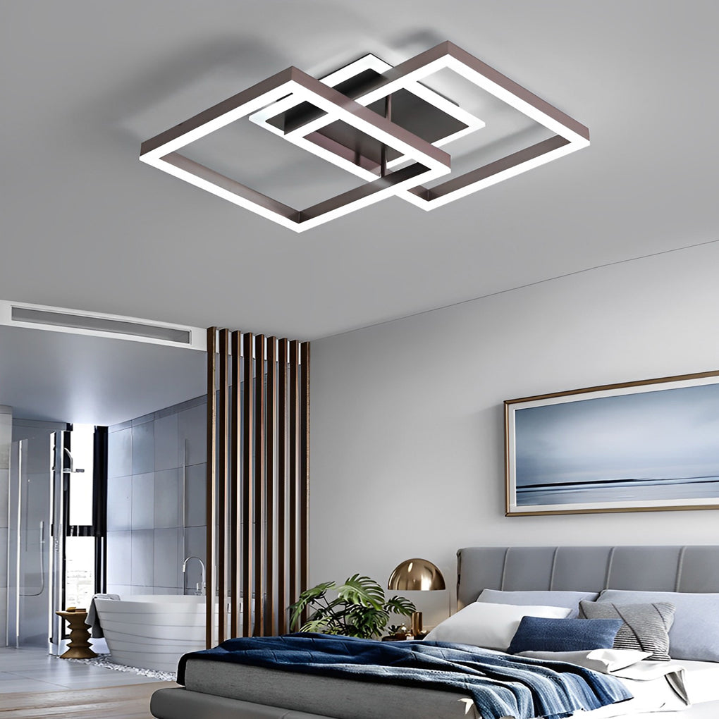 Modern square overlapping brown semi-flush mount light in aluminum — 12" L x 12" W / Warm White (3000K)
