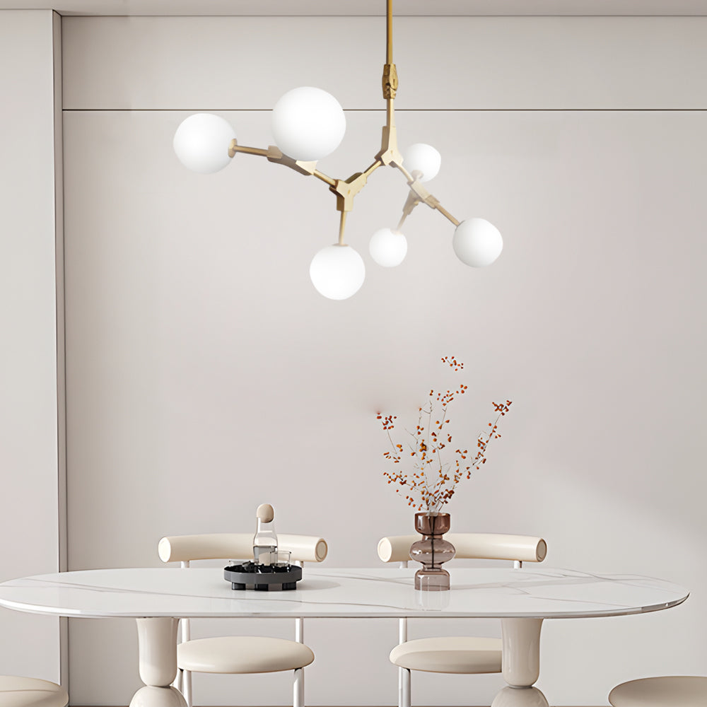 Gold Molecule Chandelier with White Glass Shades