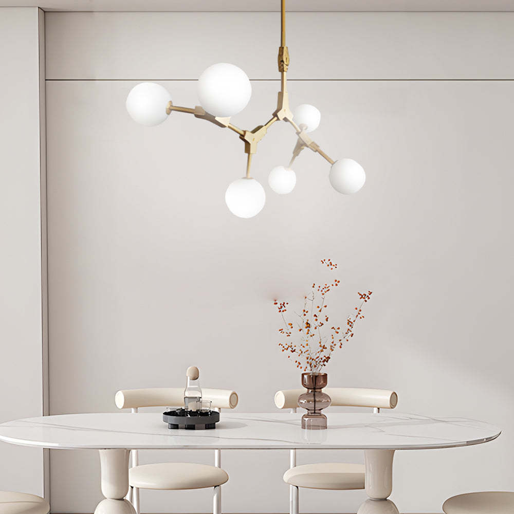 Gold Molecule Chandelier with White Glass Shades