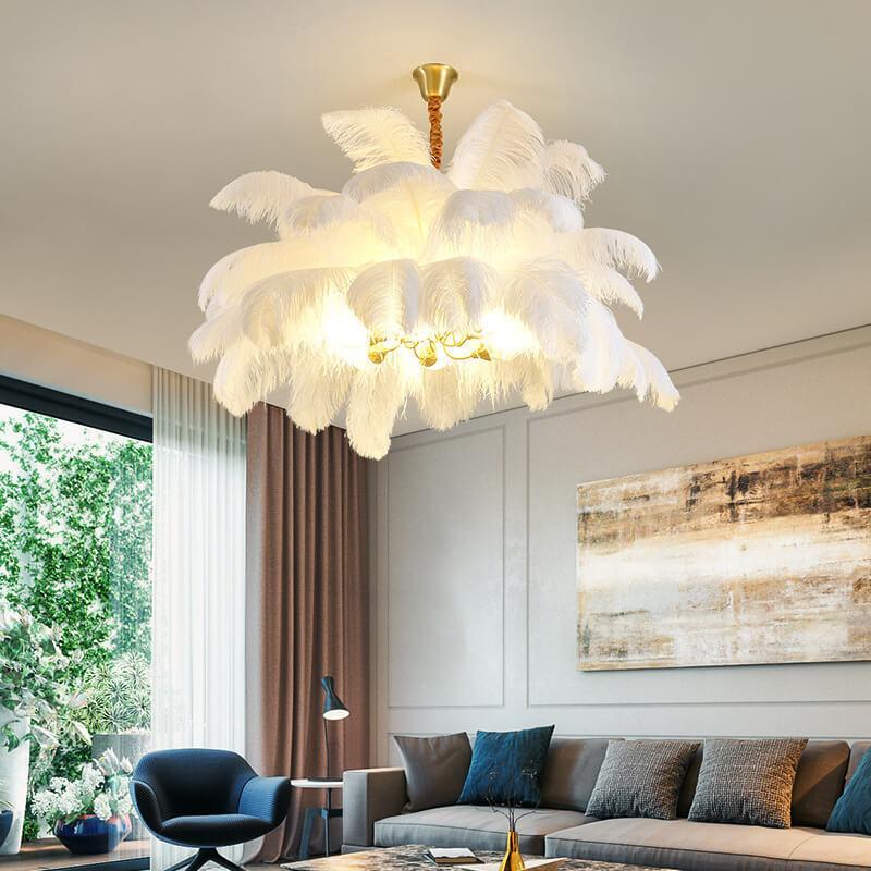 Modern Ostrich Feather Brass Chandelier — White / 110V-120V For US/CA