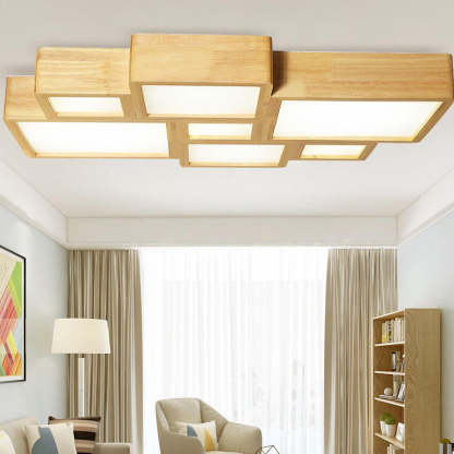 Nordic Solid Wood Square LED Flush Mount Light — Infinitely Dimmable + Remote Control / 110V-120V For US/CA