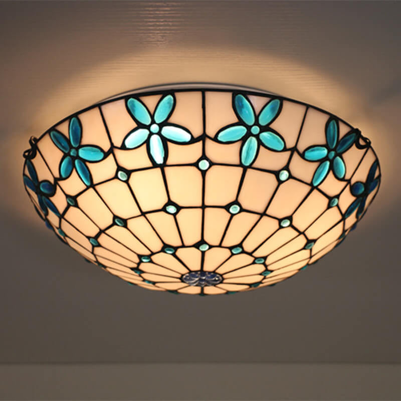 Tiffany Stained Glass Lilac Flower Bowl Flush Ceiling Light