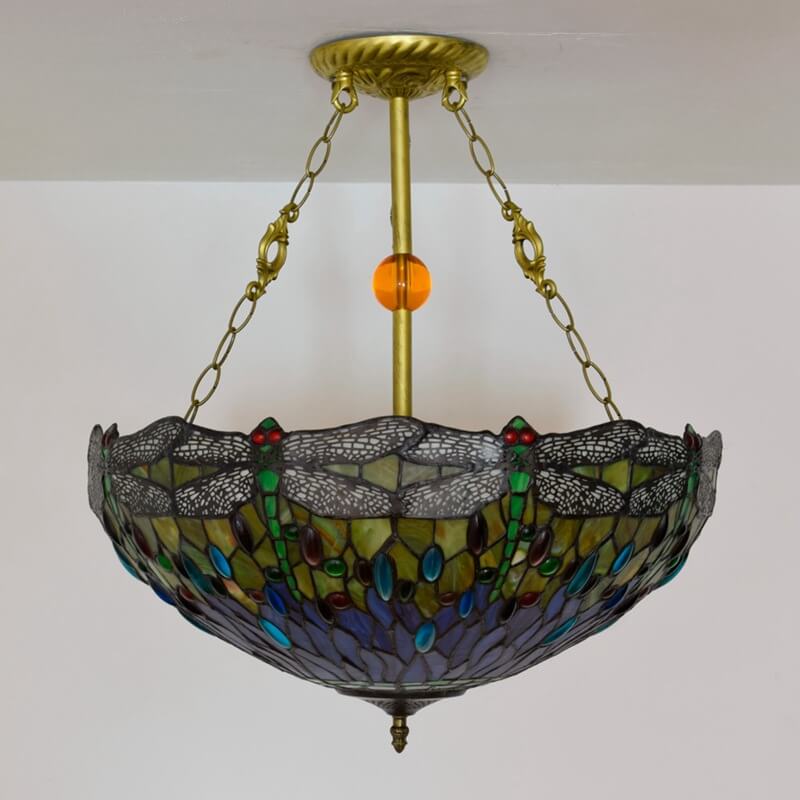 Vintage Tiffany Dragonfly Stained Glass Chandelier