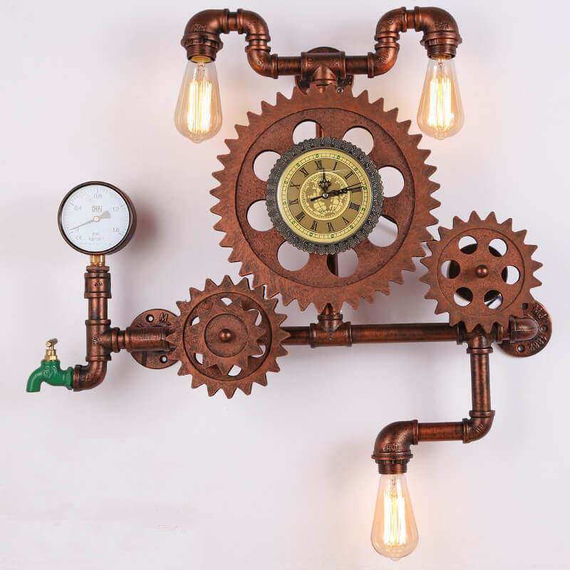 Vintage Industrial Gear Water Pipe Clock Sconce