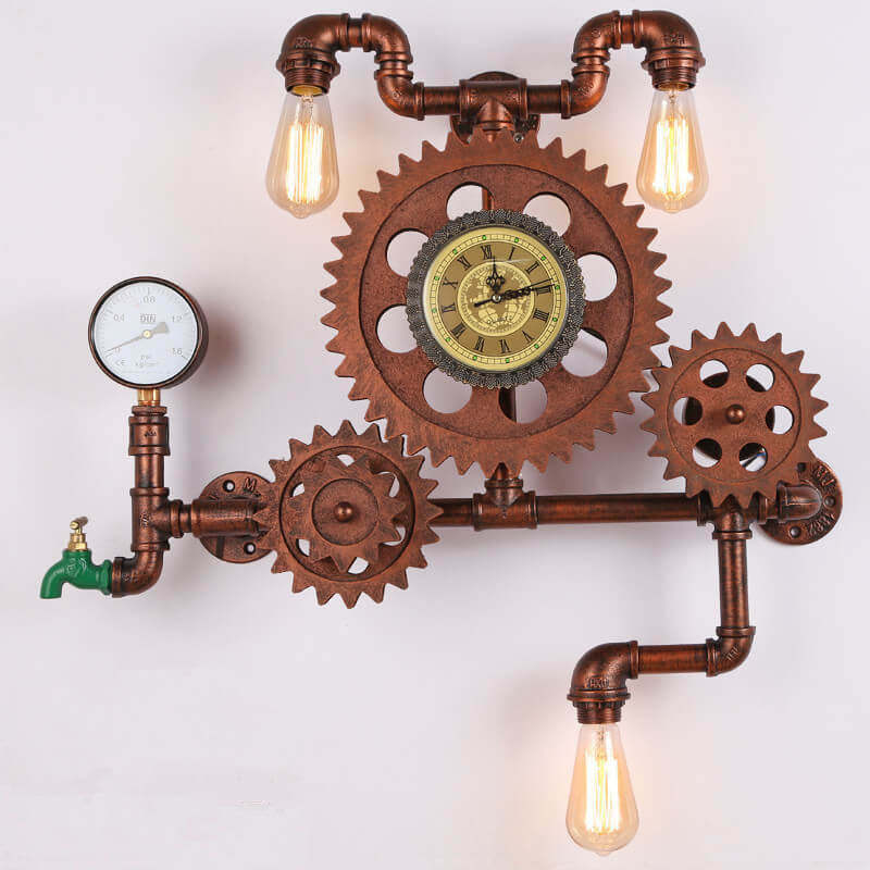 Vintage Industrial Gear Water Pipe Clock Sconce