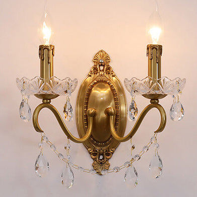 French Vintage Brass Crystal Candle Sconce