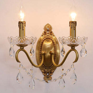 French Vintage Brass Crystal Candle Sconce