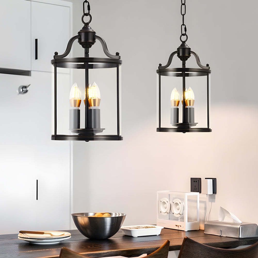 3/4-Light Vintage Cylinder Glass Lantern Pendant - Black