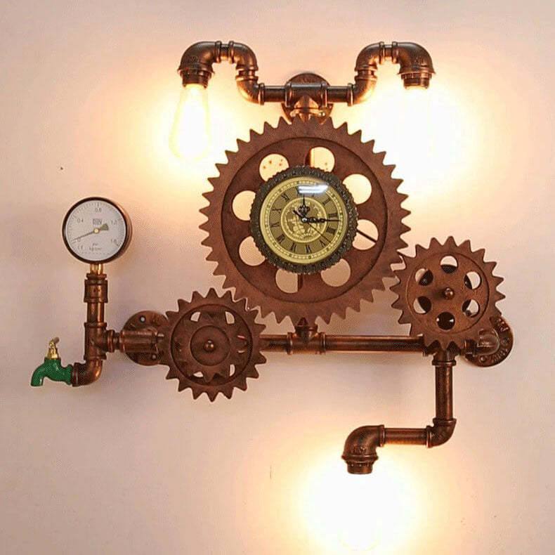 Vintage Industrial Gear Water Pipe Clock Sconce