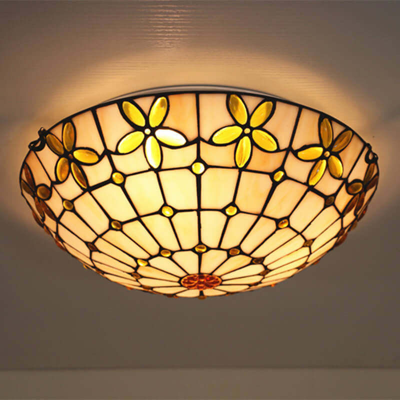 Tiffany Stained Glass Lilac Flower Bowl Flush Ceiling Light