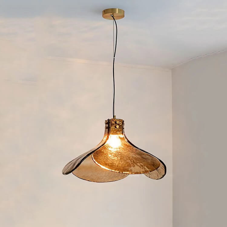 Vintage Amber Floral Glass Brass Pendant — 220V-240V For UK/AU