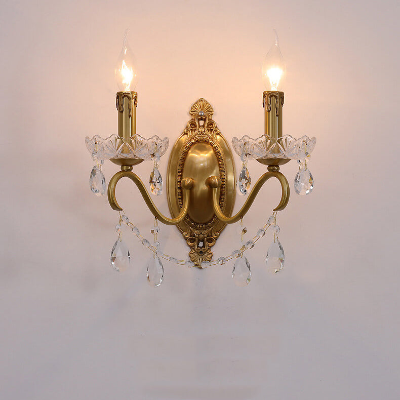 French Vintage Brass Crystal Candle Sconce