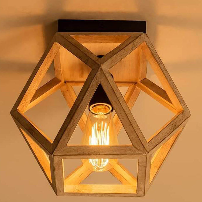 Vintage Aged Wooden Cage Ceiling Light