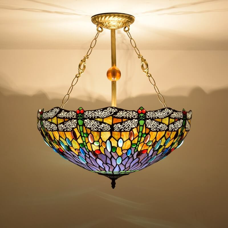 Vintage Tiffany Dragonfly Stained Glass Chandelier