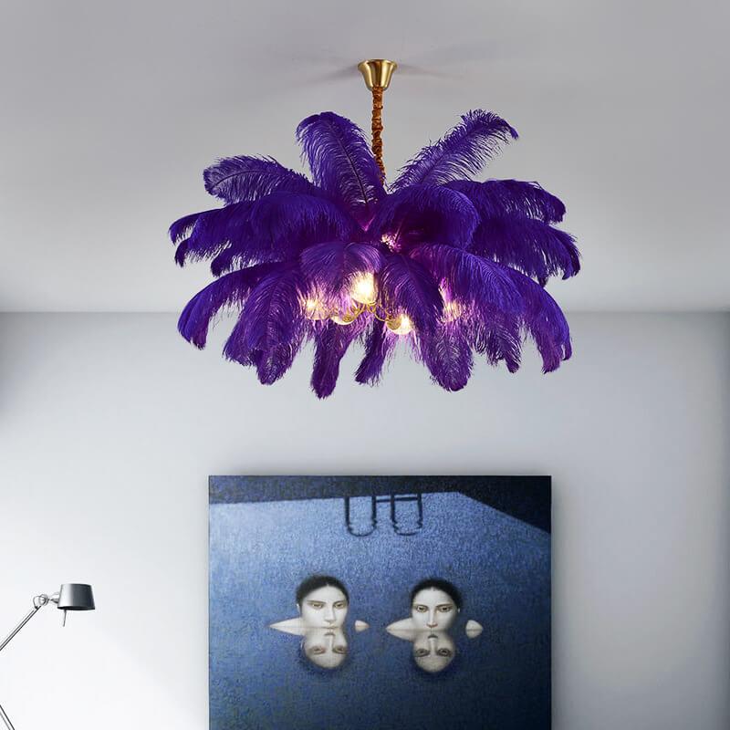 Modern Ostrich Feather Brass Chandelier — Red Wine / 110V-120V For US/CA