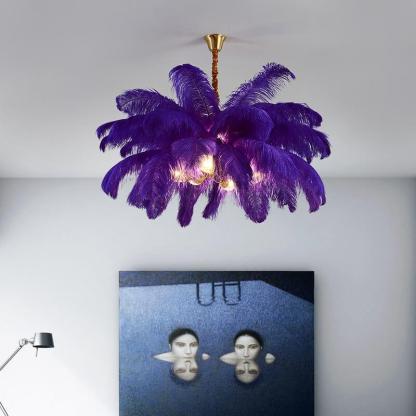 Modern Ostrich Feather Brass Chandelier — Red Wine / 110V-120V For US/CA